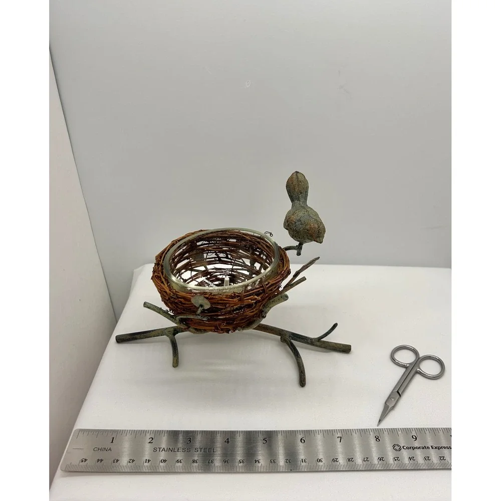 Rustic Bird Nest Tea Light Candle Holder Verdigris Metal Branch Votive Decor